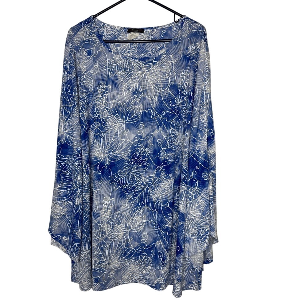 Cocomo‎ Women Split Bell Sleeve Texture Tunic Top 3X Leaf Tropical Flowy Stretch